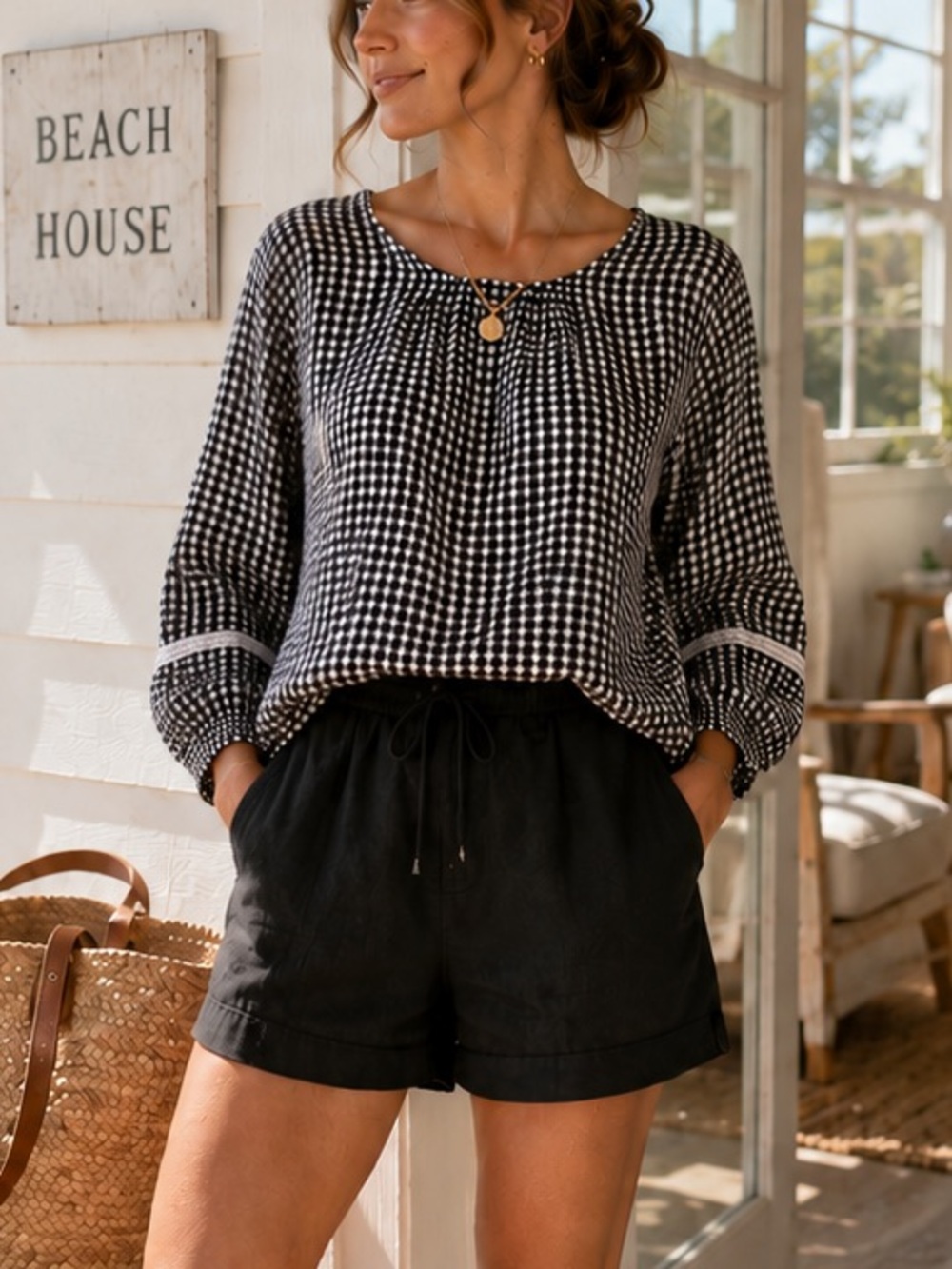 Van Heusen Black & White Gingham Blouse | Large | 100% Cotton